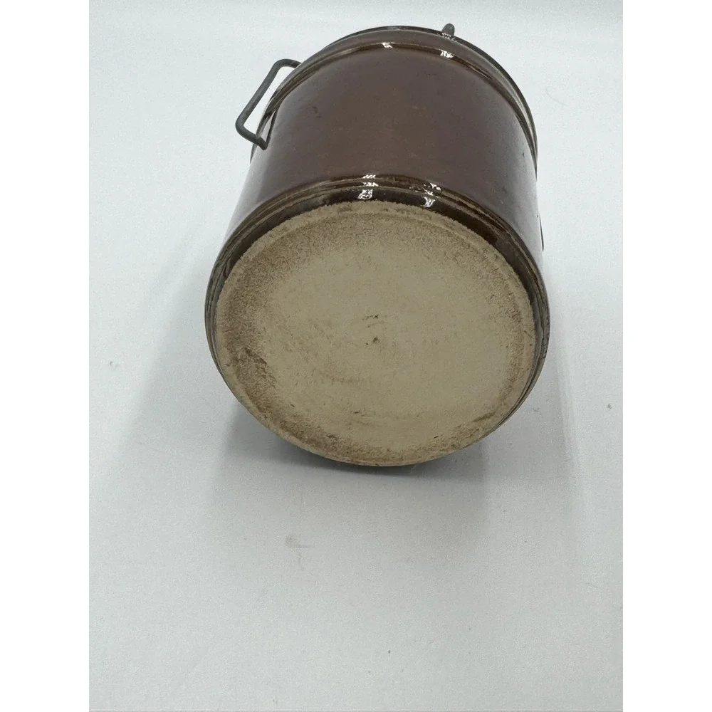 Vintage Brown Stoneware Canister Crock Wire Bail Lid Rustic Kitchen Storage